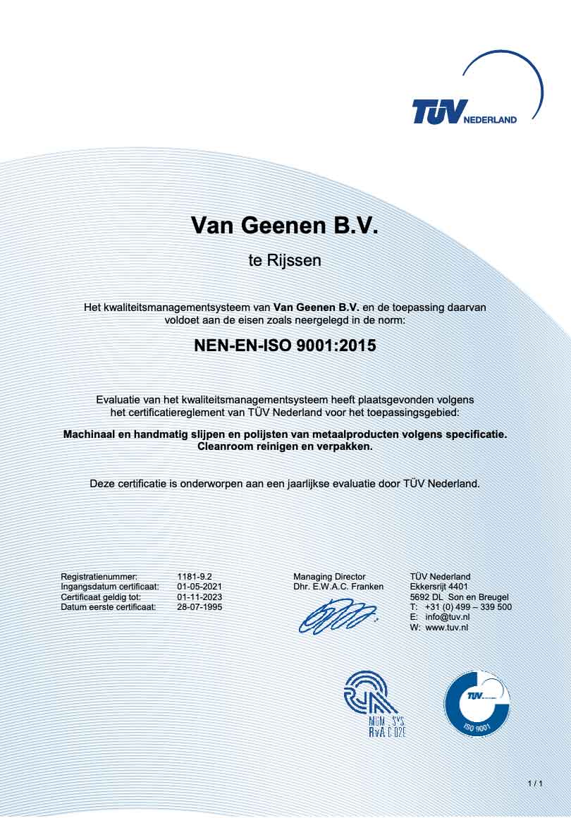 ISO 9001 certificate Van Geenen