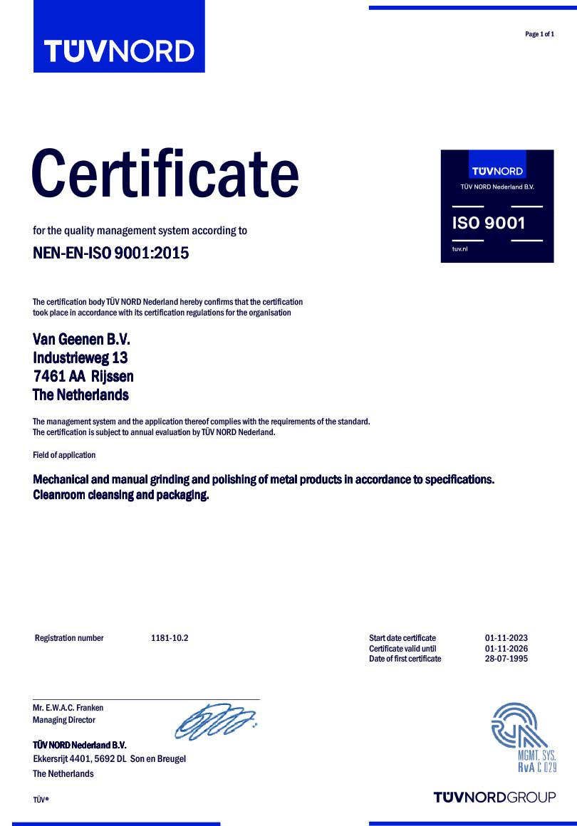 ISO 9001 certificate Van Geenen