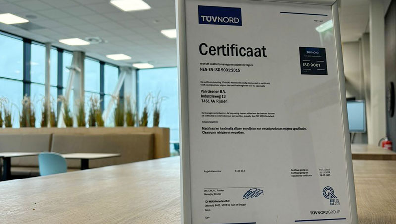Van Geenen receives ISO 9001 certificate again.