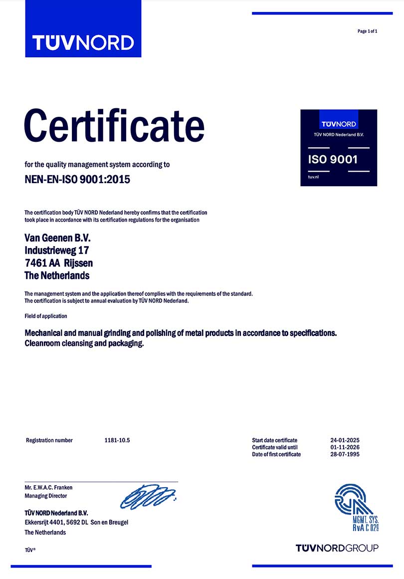 ISO 9001 certificate Van Geenen